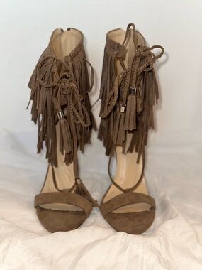 Fringe Lace-Up High Heel Sandals - Brown